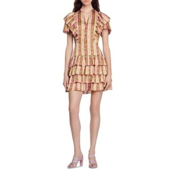 Sandro Simmona Floral Striped Tiered Mini Dress Size 40 - Picture 1 of 7